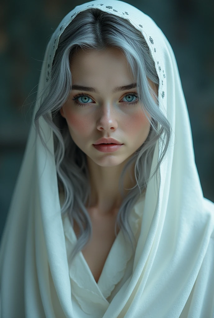 a beautiful woman with gray hair, blue eyes, 1, wearing a white cloak, detailed portrait, realistic, photorealistic, masterpiece, extremely detailed face, intricate details, cinematic lighting, dramatic atmosphere, fantasy, elegant, serene, graceful pose