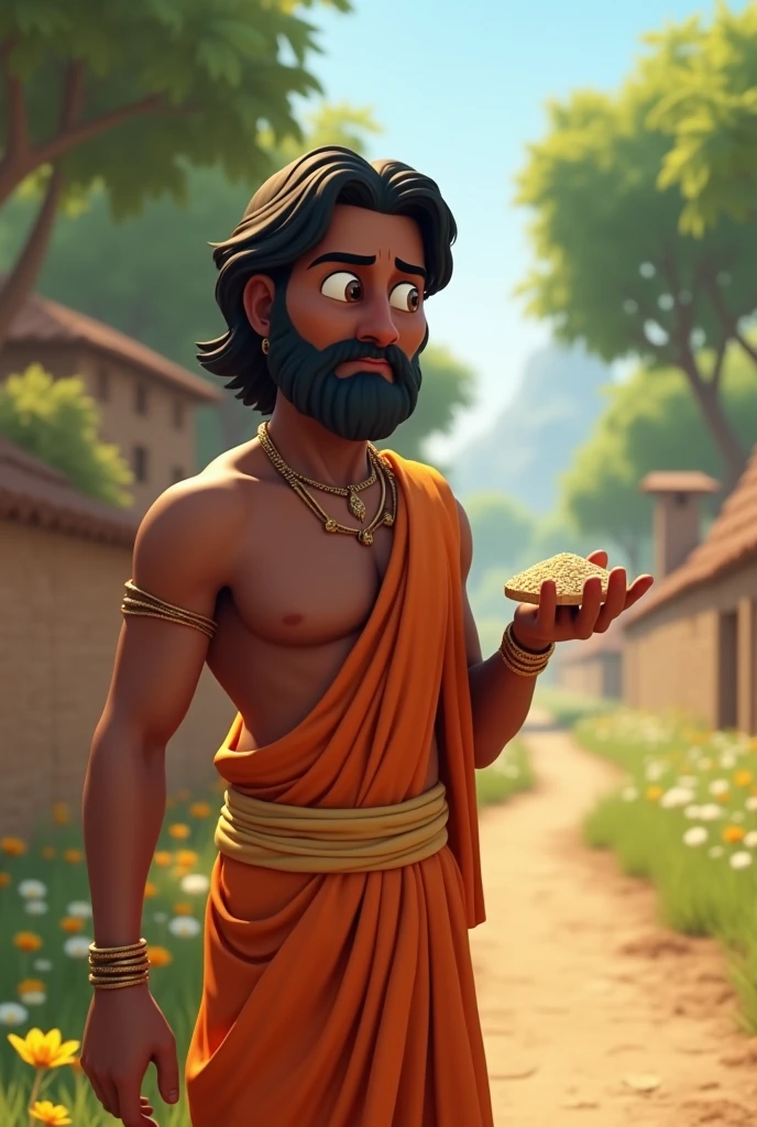 /imagine prompt: 3D animation, personality: [Depict Sudama standing at the edge of the village, holding a small handful of beaten rice in his hand. His face shows a mix of hesitation and determination, with furrowed brows and pursed lips. The path leading to Dwarka is visible in the background, lined with trees and flowers, symbolizing the journey ahead] unreal engine, hyper real --q 2 --v 5.2 --ar 16:9