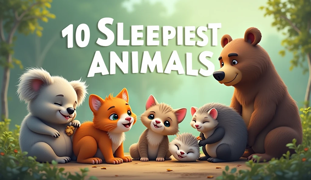Create a YouTube video thumbnail for List Of sleepiest Animals, picture should inages of Koala, armadillo, cat, Opossum and bear, the text should be Top 10 Sleepiest Animals