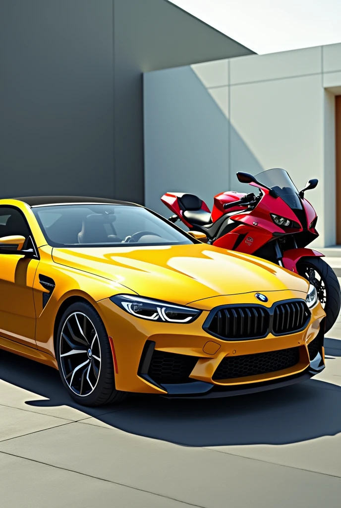 Bmw car with yellow colour and bmw bike with red colour