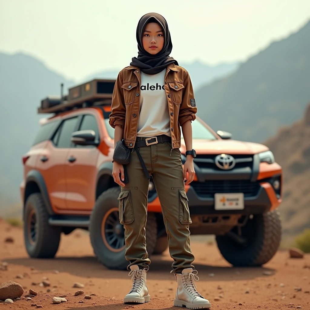 8k,Realistic Skin Texture、Superrealism、Photo Realistic、Japanese Woman、Fashionable Hijab, Mad Max Picture、In Indonesian Mountain, brown jeans jacket, white Saleho logo t-shirt, cargo pants, cool black watch, white shoes, Standing Next to Fortuner Sports Car、Boots、Determined to Take Revenge、1girl, High Resolution, Soft Lighting,Pixar,