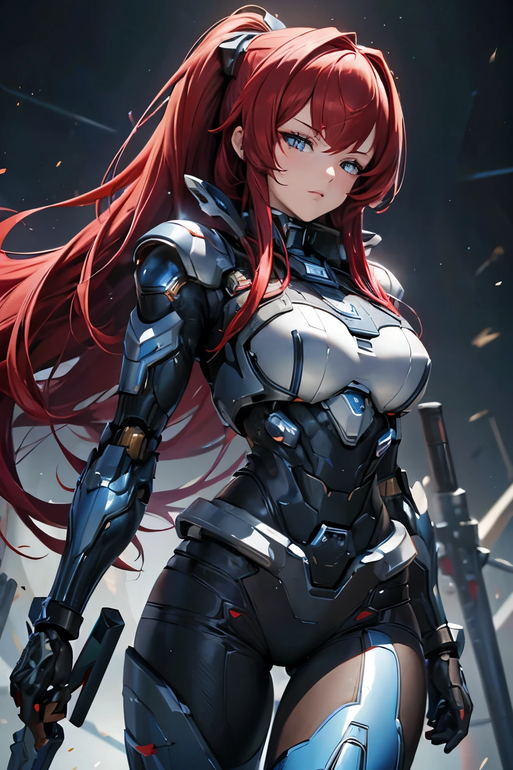 (top quality), (masterpiece), (4K), (highly detailed), (A woman in a cyber suit), (red hair, long loose hair), (blue iris), (knight mecha background),  