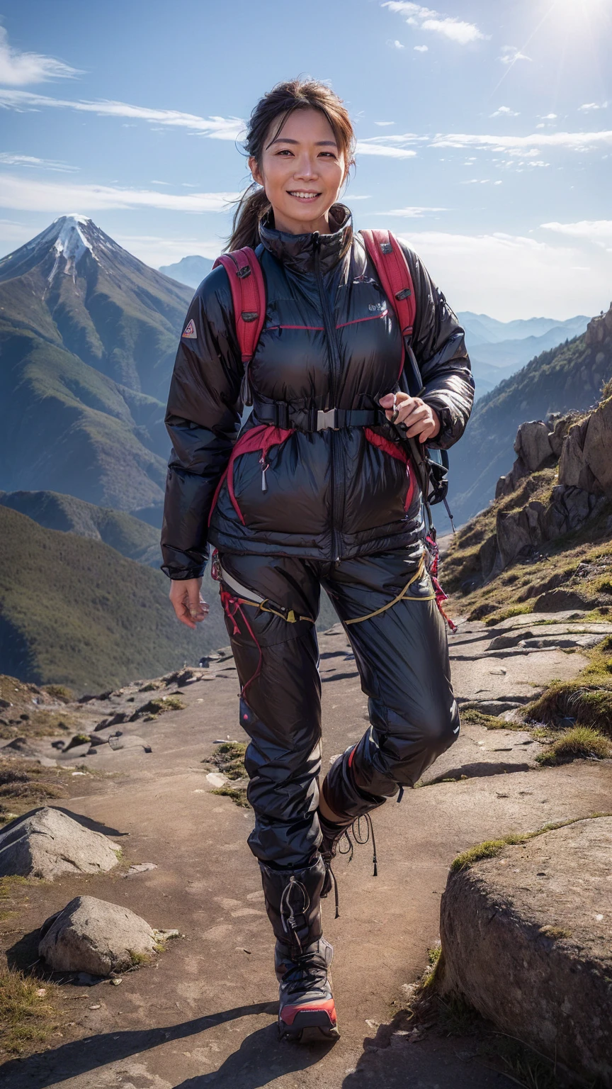 ((Highest quality)), ((8k)), ((masterpiece: 1.3)), (Perfect appearance), (Photorealism: 1.6), (Strong natural light), (JMA), (Who), ((Japanese mature woman standing on the mountaintop)), (Carry a mountaineering backpack), (Mountaineering jacket, Stretch trekking pants), Calm expression, (smile), (My eyes are fixed on the distant mountains), (Standing posture of the whole body), (Hiking boots), (View from the feet),