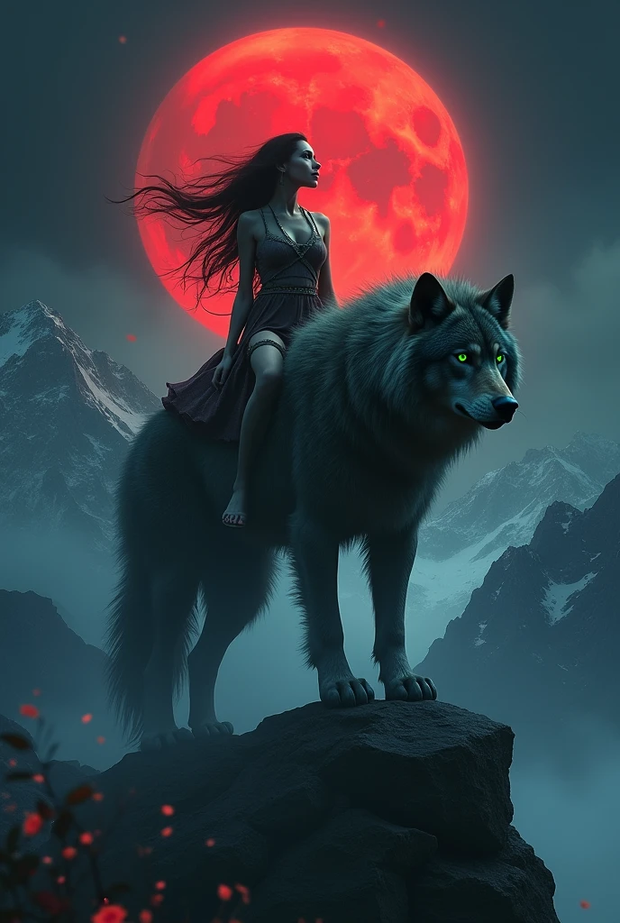  Make image with dark night, full moon red color, and a giant  were wolf standing on top off moutain, and a gorgeous looking face adult girl in wild outfit and wolf eyes colour are green and girl eye color are bule mix with lightly brown, make girl ridding on wolf 