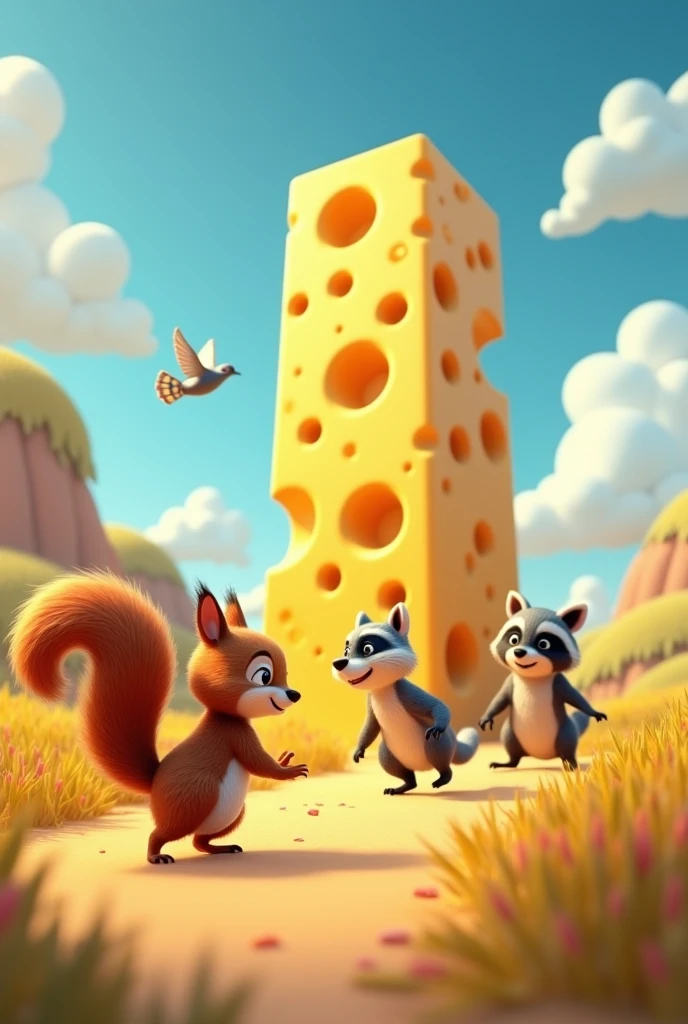 Need 3D animation style"As squirrel neared a giant cheese sculpture, his friends—Penny the pigeon