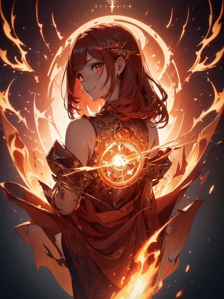 (((best quality, sharp image, clear image, cinematic lighting, 8k resolution, masterpiece, ultra detailed, intricate))) Girl, sorcerer, cute, intricate dress, smiling, fiery red, ((intricate background)), (rune frame), dimension, ((shot from behind)), fire sigils, chaotic background, ((half-body shot))