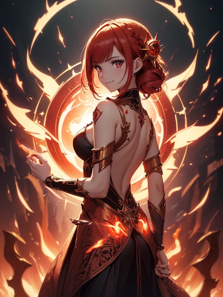 (((best quality, sharp image, clear image, cinematic lighting, 8k resolution, masterpiece, ultra detailed, intricate))) Girl, sorcerer, cute, intricate dress, smiling, fiery red, ((intricate background)), (rune frame), dimension, ((shot from behind)), fire sigils, chaotic background, ((half-body shot))