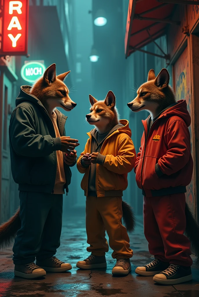 
Mafia animals thug in tracksuits selling drugs to a toxico un street realistic, real, high resolution detail, full photo like real