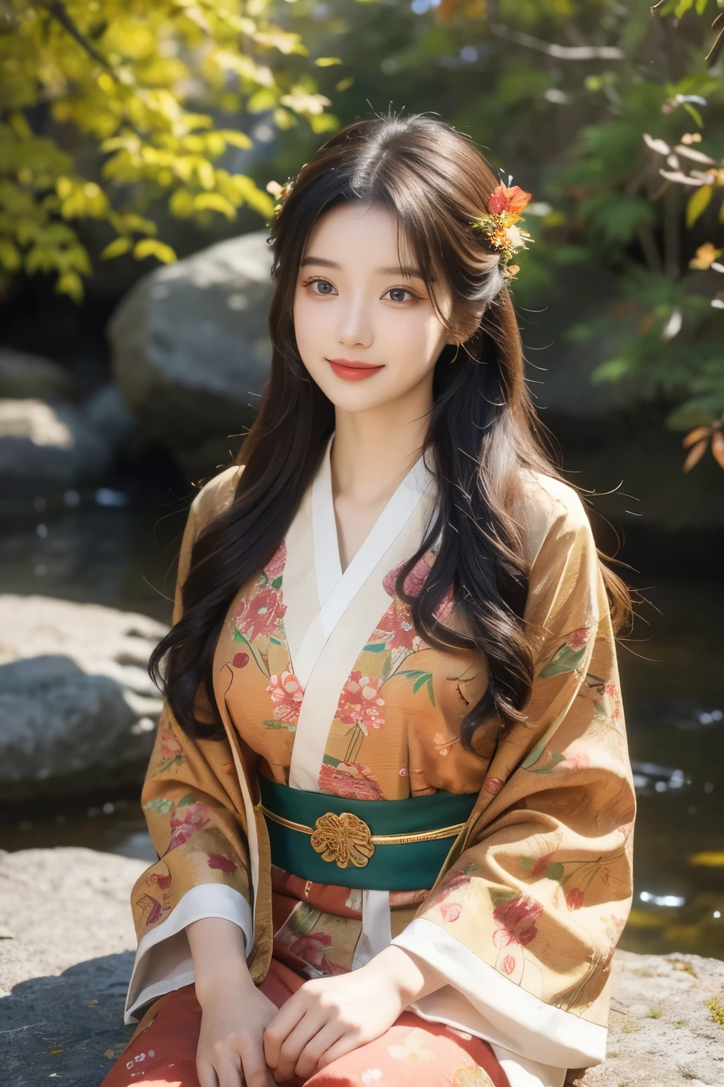 A beautiful young woman, detailed beautiful eyes, detailed beautiful face, detailed beautiful nose, in a vibrant red kimono with floral patterns sits gracefully on a moss-covered rock, surrounded by golden autumn foliage. She holds a colorful pinwheel in one hand, a joyful smile on her face. The scene is bathed in soft, warm sunlight, highlighting the intricate details of her traditional attire and the beauty of the surrounding nature. Her hair is adorned with delicate flower
