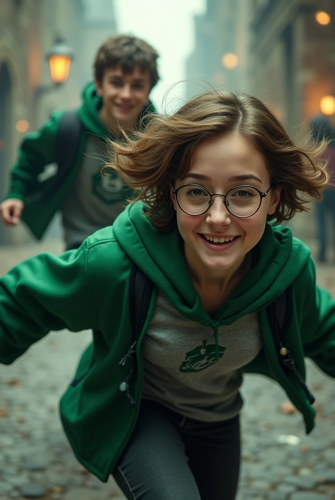 The older brother chases after a young woman with short brown hair, glasses, and cheerful Slytherin robes.