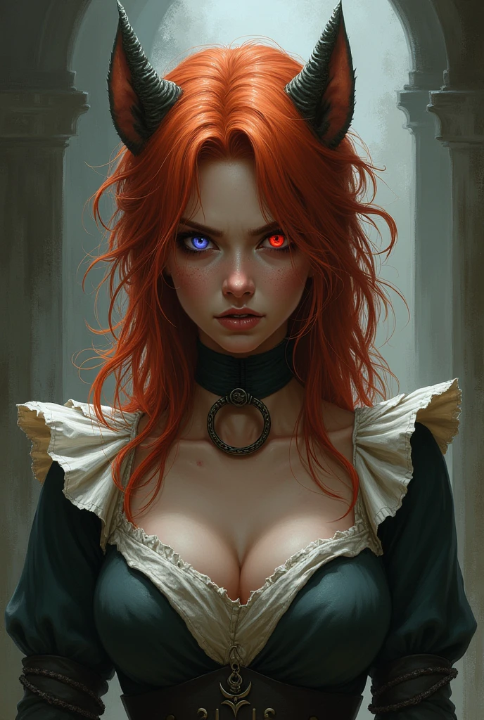 Femme de l'univers donjons et dragons. Apparence sauvage. Un peu sale. Cheveux roux. Yeux vairrons de couleur rouge et violet. Collier avec une bague autour du cou. Regard déterminé un peu en colère. Habillée en servante. 
Pas de décolleté.
Oreilles humaines.