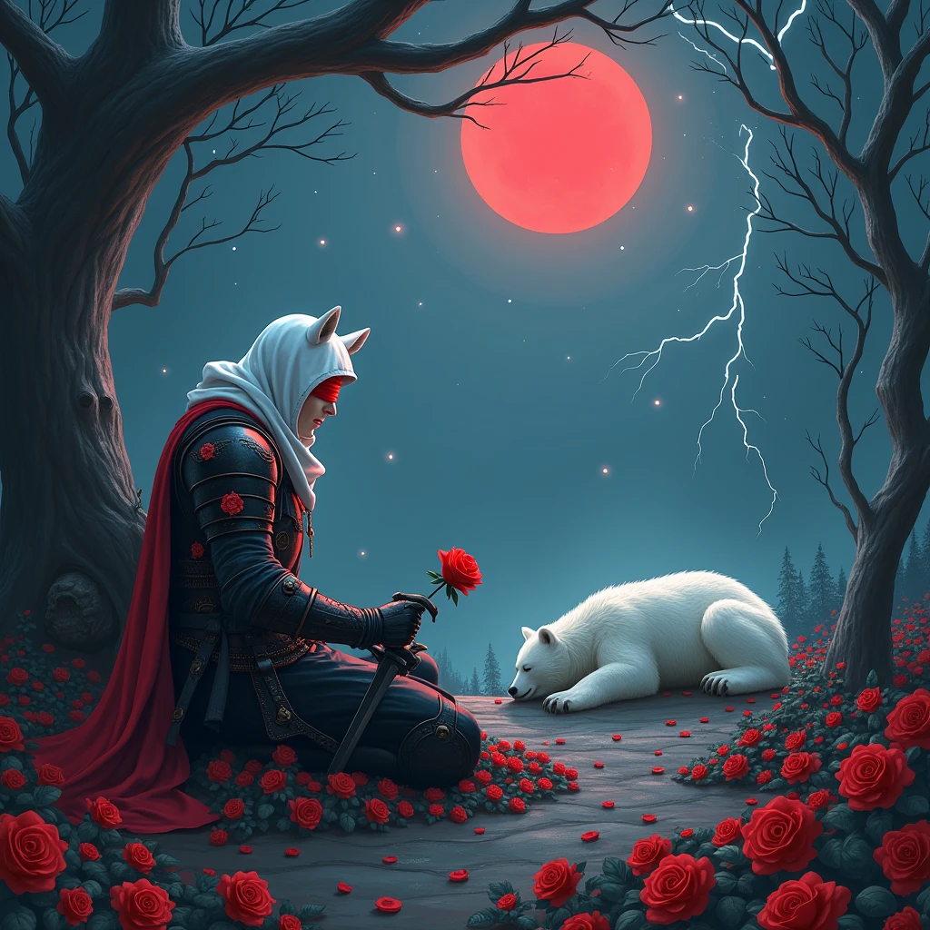 Male knight with a white hood with bear ears with sword behind his back sits on the ground towards a polar bear in a forest while the moon shines, many Roses cover the ground and lightning falls from the sky. The polar bear sleeps in front of the knight. Only the man wears a red blindfold. In the background of the picture is the blood moon and a tree has fallen down in the path. The forest is full of trees with leaves. The armor of the man is black and red roses decorate it. The knight holds his sword down in one hand and a rose in the other. The sky is full of stars.