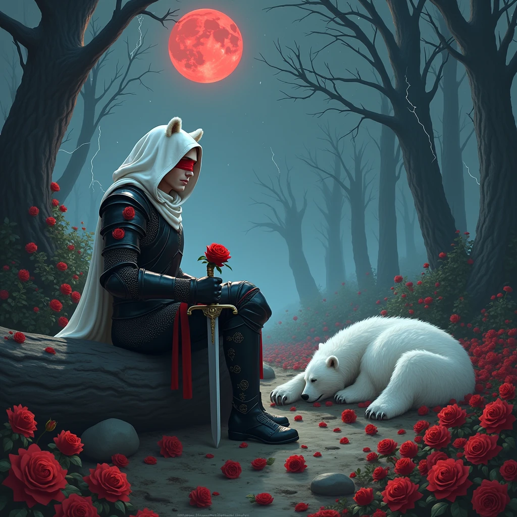 Male knight with a white hood with bear ears with sword behind his back sits on the ground towards a polar bear in a forest while the moon shines, many Roses cover the ground and lightning falls from the sky. The polar bear sleeps in front of the knight. Only the man wears a red blindfold. In the background of the picture is the blood moon and a tree has fallen down in the path. The forest is full of trees with leaves. The armor of the man is black and red roses decorate it. The knight holds his sword down in one hand and a rose in the other. The sky is full of stars. 
