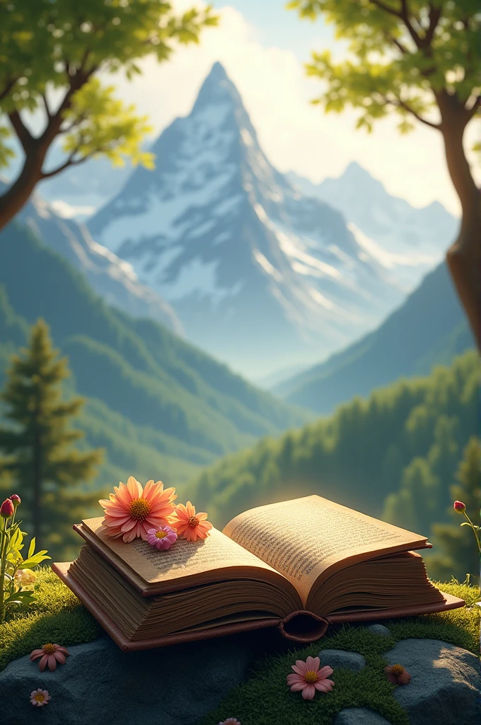 There are mountains behind and a few trees in front and a book in the middle and flowers above the book And it's morning