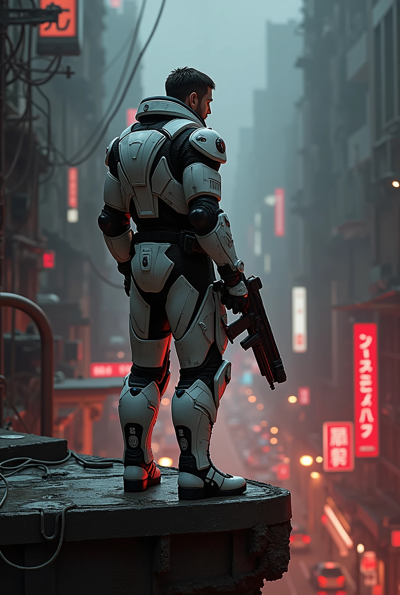 MAN WEARING WHITE AND BLACK Iron shoot , holding mordern weapon standing at road in cyber junk City at night red , standing on the top of building 