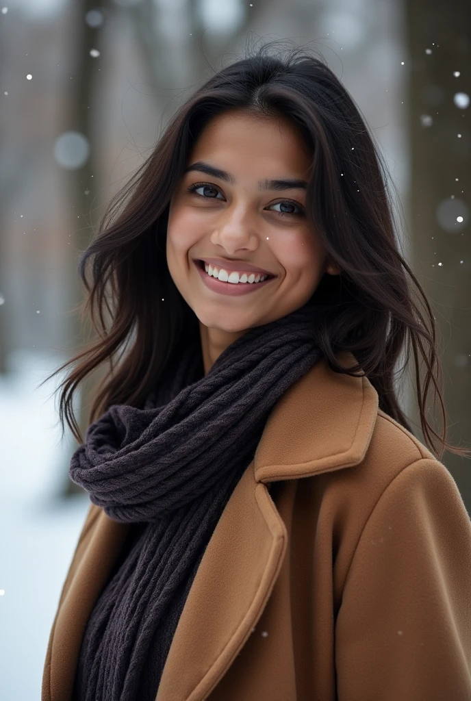There is a young, Beautiful indian woman, who looks to the future like Katrina Kaif, Smiles into the camera, beautiful teeth, She looks into the camera, a portrait from raw photo, feet, hands, body, winter, coat,