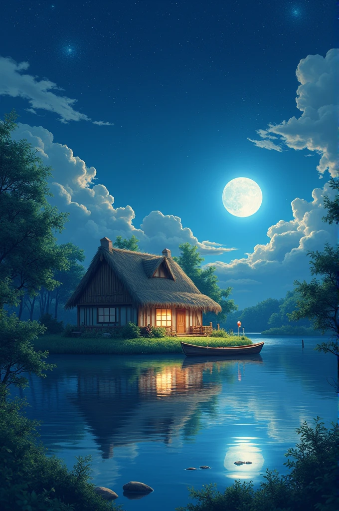 The image is a digital illustration of a beautiful night scene. It shows a small cottage with a thatched roof nestled in the middle of a lake. The cottage is surrounded by lush greenery and trees, with a small boat on the water in front of it. The sky is filled with stars and the moon is shining brightly, creating a peaceful and serene atmosphere. The colors are vibrant and the overall mood of the image is one of serenity and tranquility make it look like anime.