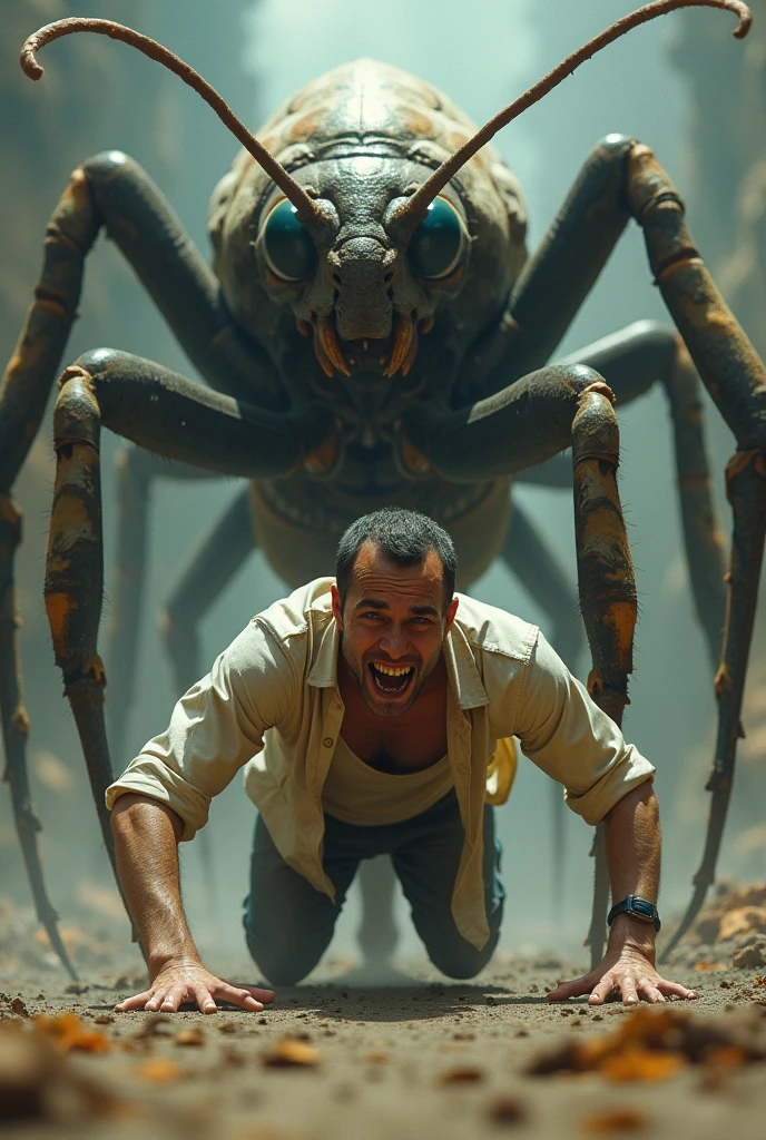 A man was crawling on by giant insects.,panic man