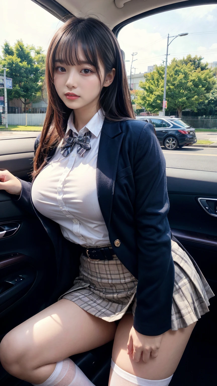 masterpiece, best quality, illustration, Super detailed, fine details, High resolution, 8K,wall paper, perfect dynamic composition,(Details High quality, realistic depiction of eyes:1.3), from side, In the car、High school girl uniform、blazer 、Super Short Check Uniform Skirt、Navy blue high socks、garterbelts、Colossal tits、Disturbed uniform, straight hair, black hair color, huge breasts, Big Natural Color Lip, bold sexy pose, (perfect body shape), crying a little、Harajuku style、20 year old girl、 beautiful legs, hposing Gravure Idol, Voluptuous thighs