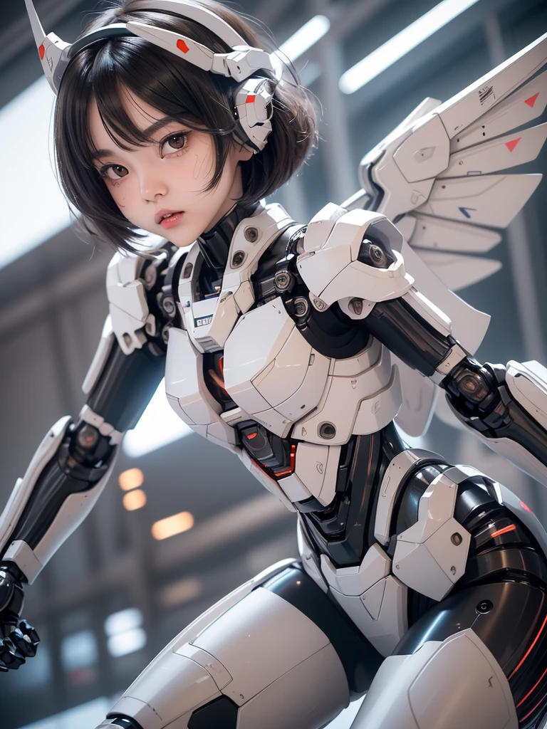 ((masterpiece, hyper quality, highly detailed)), photo realistic, realistic, (ultra high definition: 1.2), High resolution 16k, (Skin texture must be natural:1.5), (Light skin: 1.3), white skin:1.4, (Perfect Anatomy),,japanese high school girl wears only a futuristic Gundam Mecha,(Gundam Mecha), gundam style,with headgear,with gundam style v-fin on the forehead, (mechanical wings),, biomechanics , biomechanics thighs,mechanical shins and feet,visible cleavage,visible groin, android heroine, fully robotized!! girl, perfect android girl, small details. , (cute:1.2), (bob cut:1.3), Black Hair, Thick eyebrows, Light brown iris, Big, bright black eyes, Long eyelashes, Small, light-colored, natural lips, ((Average face of Japanese idols)), (The uniquely Japanese childlike face:1.3), (baby face:1.1), Wide forehead:1.2, Plump Cheeks, Small jaw, Detailed thighs,Slim body, in the hangar,looking at viewer,Focus on the eyes 