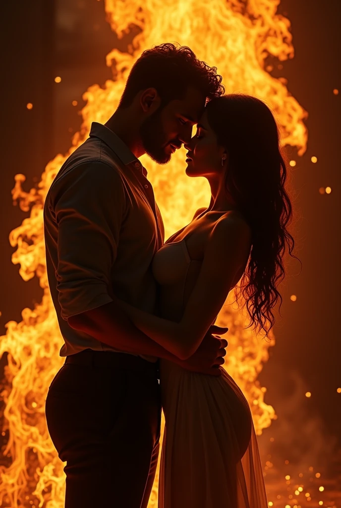 A sensual couple in an intimate pose, closely embracing and surrounded by dramatic flames. The firelight creates deep shadows that emphasize the passi.jpg