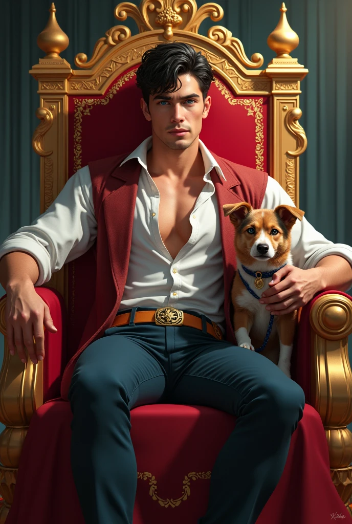 beau prince jeune maître hot avec une lesse pour chien, visage parfait cheveux courts noir yeux bleus musclé assis sur un trône luxueux avec beaucoup d&#39;or