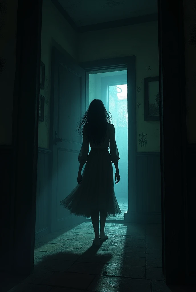 Depict the interior of the old house with thick darkness, cold drafts, and walls adorned with strange markings. Snehha cautiously moves forward.