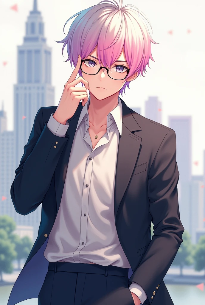 An anime style boy, Your hair should be white and pink. You must wear glasses and dress in a formal or informal manner.