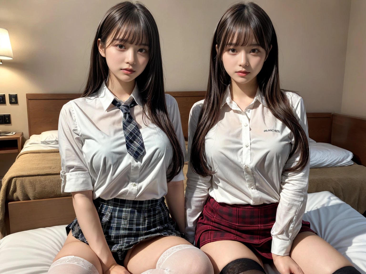 masterpiece, best quality, illustration, Super detailed, fine details, High resolution, 8K,wall paper, perfect dynamic composition,(Details High quality, realistic depiction of eyes:1.3), (2 girls), (white school shirt :1.2), (plaid skirt :1.3), tie black, black thigh-high stockings, sitting, open legs, short bob hair, in a hotel room in the background, deep on field, large breasts, black hair color, Big Natural Color Lip, (perfect body shape), crying a little、Harajuku style、20 year old girl、cute type、beautiful legs, Gravure Idol