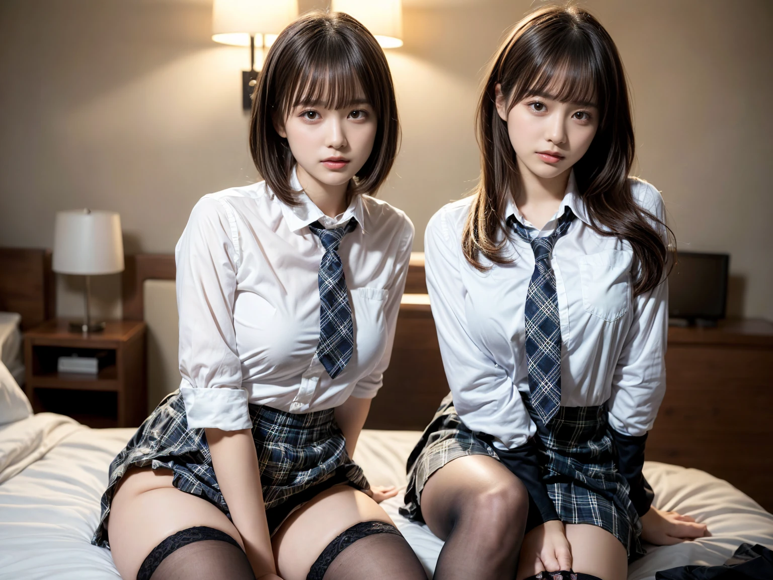 masterpiece, best quality, illustration, Super detailed, fine details, High resolution, 8K,wall paper, perfect dynamic composition,(Details High quality, realistic depiction of eyes:1.3), (2 girls), (white school shirt :1.2), (plaid skirt :1.3), tie black, black thigh-high stockings, sitting, open legs, short bob hair, in a hotel room in the background, deep on field, large breasts, black hair color, Big Natural Color Lip, (perfect body shape), crying a little、Harajuku style、20 year old girl、cute type、beautiful legs, Gravure Idol