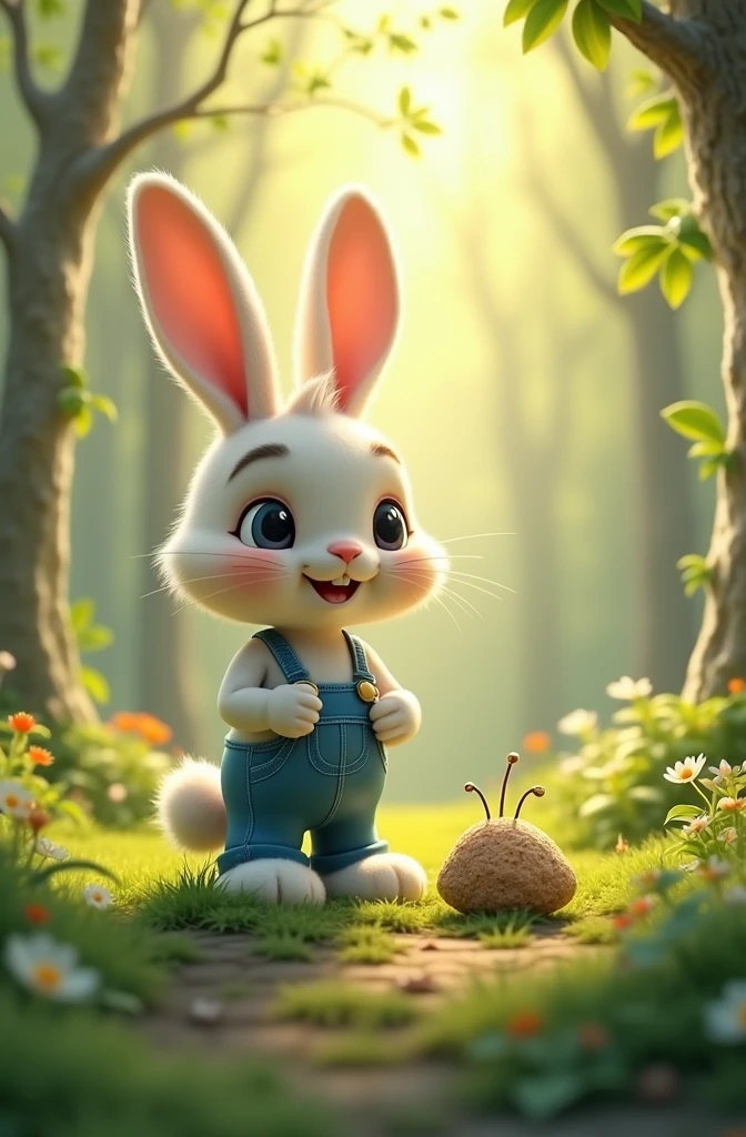 Anthropomorphic bunny, wearing blue overalls, looking up at the towering tree, smiling contentedly, tree leaves gently swaying in the wind, sunlight filtering through the canopy
