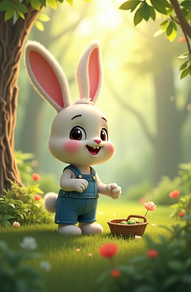Anthropomorphic bunny, wearing blue overalls, looking up at the towering tree, smiling contentedly, tree leaves gently swaying in the wind, sunlight filtering through the canopy