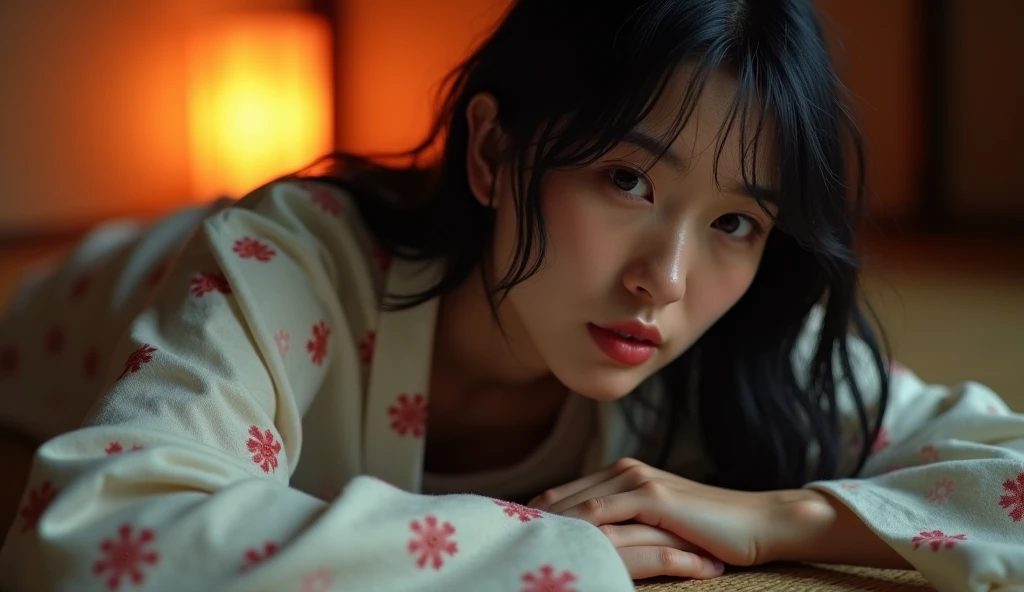 The back view of a beautiful woman in her 40s lying down in a Japanese yukata、Fair skin、Disheveled yukata、Sweating profusely、Pure white skin、Spread your legs、tall、profile、An almost see-through white yukata、On the tatami、Japanese-style room at night、blush、Half-open eyes、Half-open mouth、Long black hair、Blank Stare、The soft orange light of the lantern、M-shaped legs、