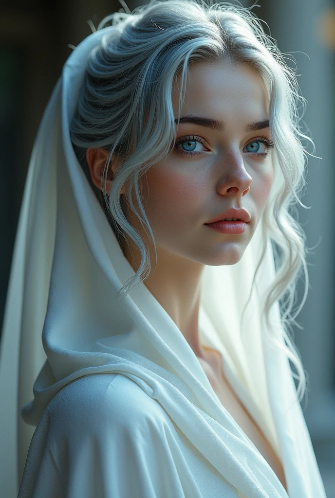 Gray-haired and blue-eyed beauty，1，Draped in a white cloak，Detailed portrait，Realism，Realism，masterpiece，Extremely detailed face，Intricate details，Cinema-like lighting，Dramatic atmosphere，fantasy，grace，peaceful，grace的姿势，No clothes
