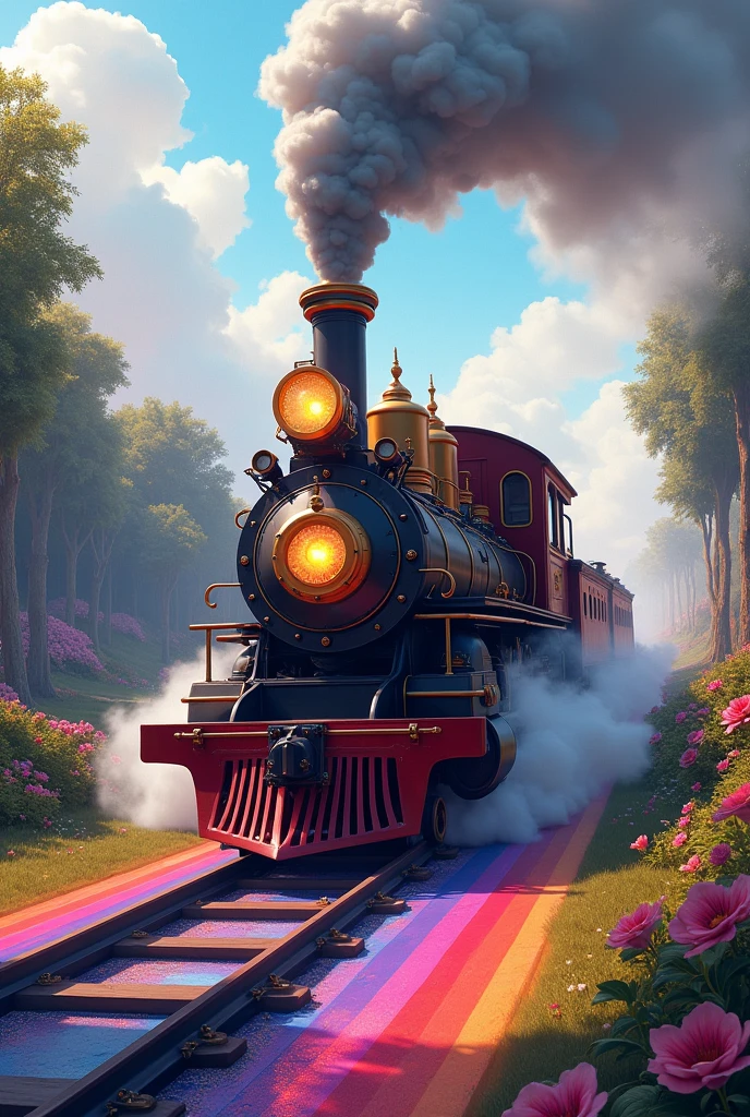A steam locomotive running on a rainbow track