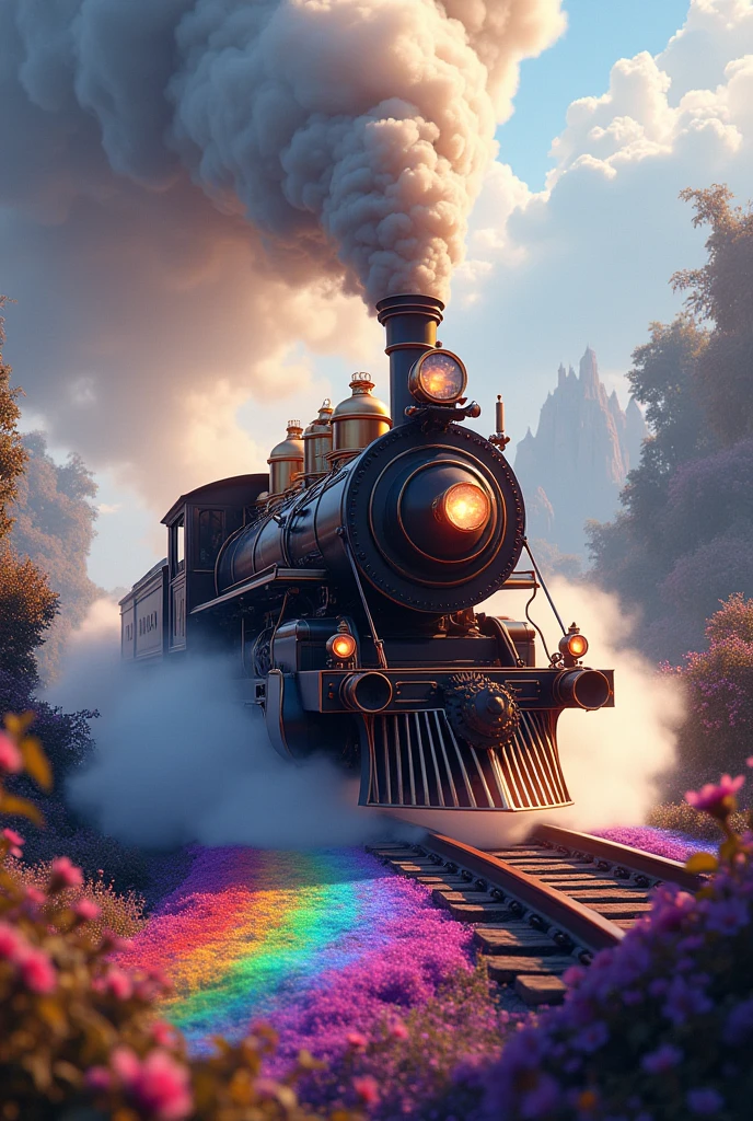 A steam locomotive running on a rainbow track