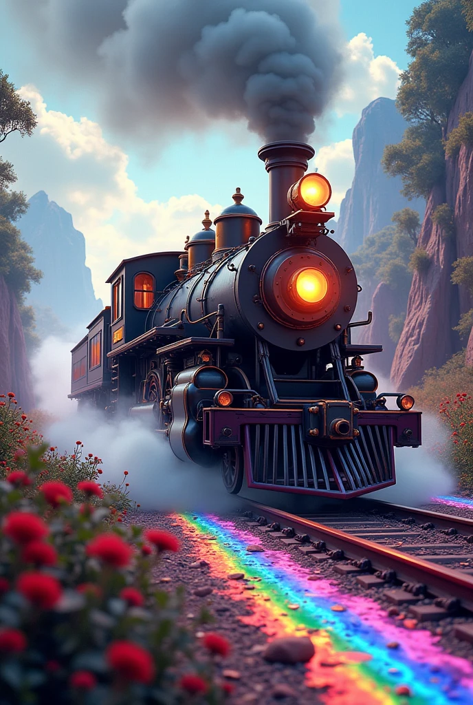 A steam locomotive running on a rainbow track