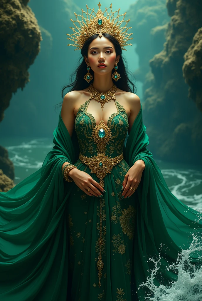 Nyai Roro Kidul in her emerald-green gown adorned with gold, Kanjeng Ratu Kidul, South Beach Queen, portrait of a beautiful goddess, goddess of Southeast Asia, goddess of love and peace, beautiful goddess, a stunning portrait of a goddess, painting of beautiful, earth goddess mythology, goddess of nature, goddess art, Indonesian goddess of wealth, female goddess, fantasy woman, goddess of beauty, wearing a small gold crown with a crystal arrangement in the middle, dark green kemben (camisole) luxurious jewelry, dark green shawl and cloth skirt batik sarong, smooth green and white, standing on blue water with waves and with a dramatic effect, surrounded by whirlpools, creating a mystical atmosphere, fractal art, bright and shining in the center with a dark background, water manipulation, intricate details, hyperrealistic, throughout body, UHD, HD, hyperdetail, sexy, exotic, erotic