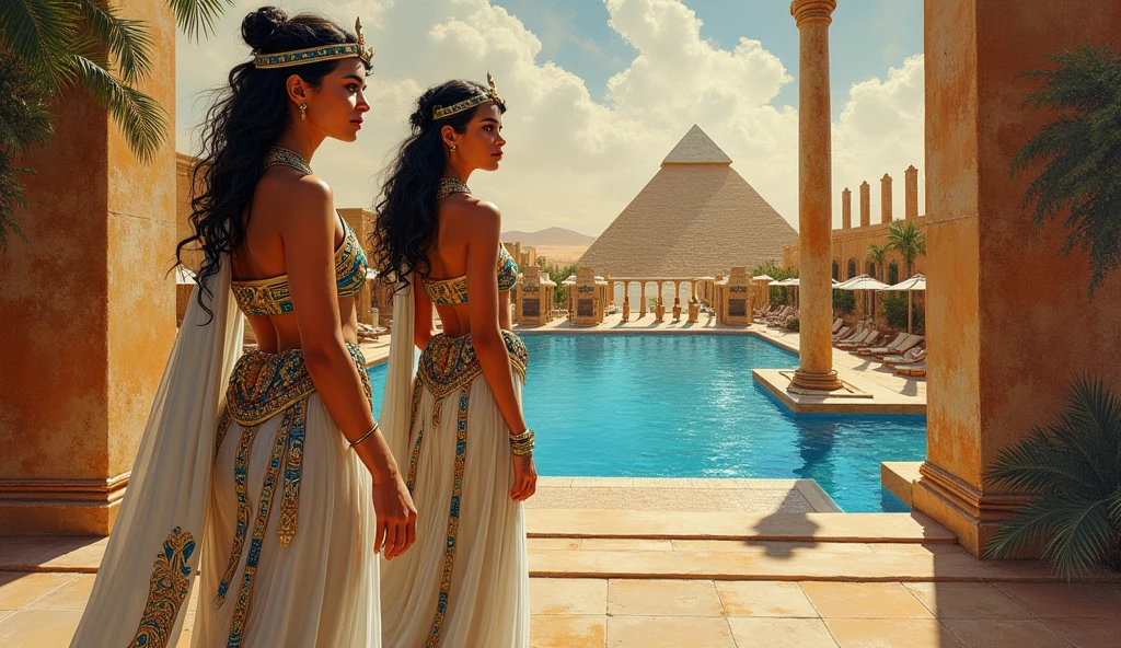 (Masterpiece.UHD.full body) fusion of watercolors and oil paintings, mix of monochrome and color, attractive beautiful woman, age 23. Full lips. Gorgeous face. Epic cleavage.(100e breast size) queen cleopatra. In ancient Egypt palace. View on an oasis.