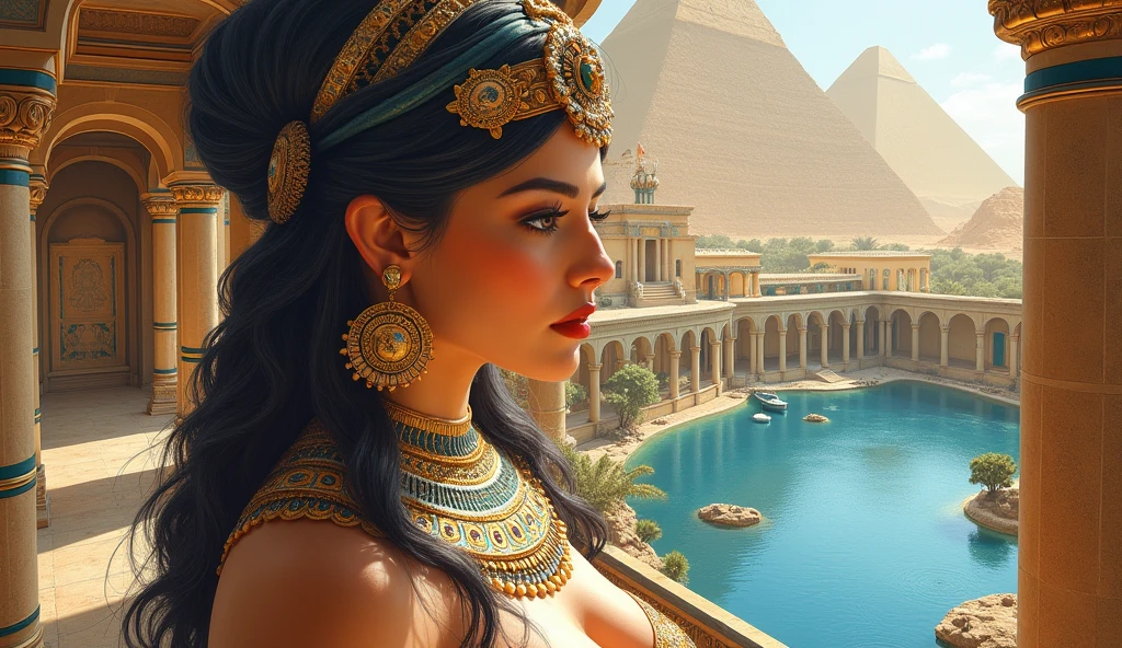 (Masterpiece.UHD.full body) fusion of watercolors and oil paintings, mix of monochrome and color, attractive beautiful woman, age 23. Full lips. Gorgeous face. Epic cleavage.(100e breast size) queen cleopatra. In ancient Egypt palace. View on an oasis.