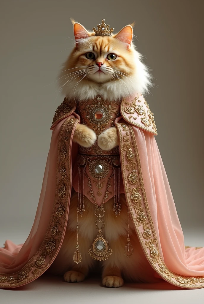 A majestic Persian cat dressed in an elaborate Indian Ottoman bridal gown, adorned with gold embroidery, a flowing veil, and a jeweled tiara. The cat walks on two legs with regal grace, reflecting the opulence of the attire.
