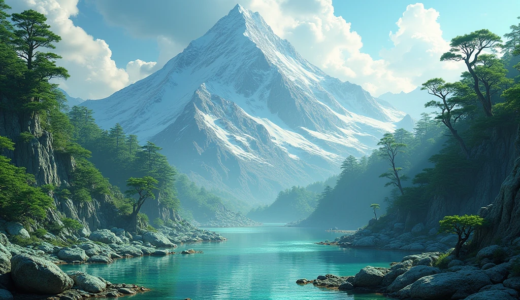 There is a high mountain，One side is rich in jade，There are many strange trees on one side（best quality，4K，8k，High level，masterpiece：1.2），Ultra Detailed，（lifelike，Photo real，Photo real：1.37）