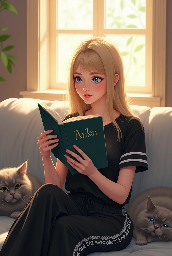 A pretty woman with blonde straight hair is chilling on a cozy gray sofa, blue eyes, pink lips and reading a dark green paperback. She is wearing a black T-shirt with white thin stripes and wide black summer pants with a white pattern. A fat fluffy grey cat lies on it. Above her is the word Anika in capital letters 