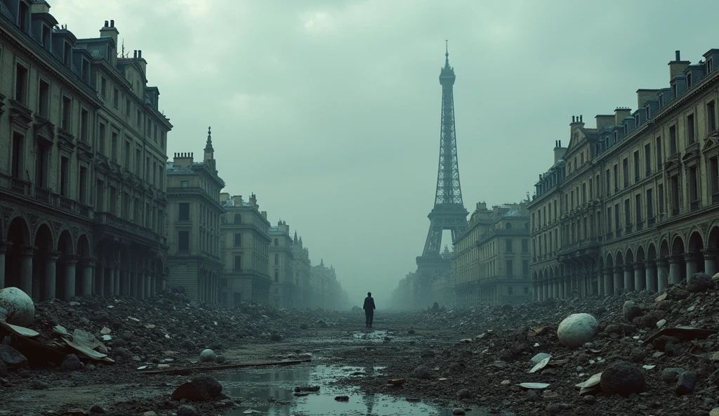 a destroyed Paris 1850 post-apocalyptic world, abandoned city, crumbling buildings, debris, rubble, broken windows, rusted metal, dystopian, gloomy atmosphere, overcast sky, desolate landscape, dark and moody, muted color palette, post-war devastation, forgotten and decaying, (best quality,8k,highres,masterpiece:1.2),ultra-detailed,(realistic,photorealistic,photo-realistic:1.37),cinematic lighting,cinematic composition,dramatic lighting,dramatic shadows,cinematic camera angle