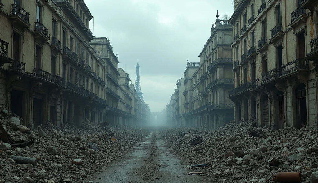 a destroyed Paris 1850 post-apocalyptic world, abandoned city, crumbling buildings, debris, rubble, broken windows, rusted metal, dystopian, gloomy atmosphere, overcast sky, desolate landscape, dark and moody, muted color palette, post-war devastation, forgotten and decaying, (best quality,8k,highres,masterpiece:1.2),ultra-detailed,(realistic,photorealistic,photo-realistic:1.37),cinematic lighting,cinematic composition,dramatic lighting,dramatic shadows,cinematic camera angle
