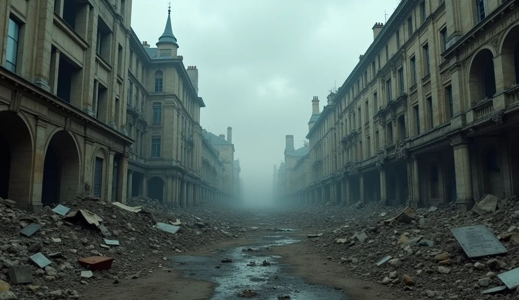 a destroyed Paris 1850 post-apocalyptic world, abandoned city, crumbling buildings, debris, rubble, broken windows, rusted metal, dystopian, gloomy atmosphere, overcast sky, desolate landscape, dark and moody, muted color palette, post-war devastation, forgotten and decaying, (best quality,8k,highres,masterpiece:1.2),ultra-detailed,(realistic,photorealistic,photo-realistic:1.37),cinematic lighting,cinematic composition,dramatic lighting,dramatic shadows,cinematic camera angle