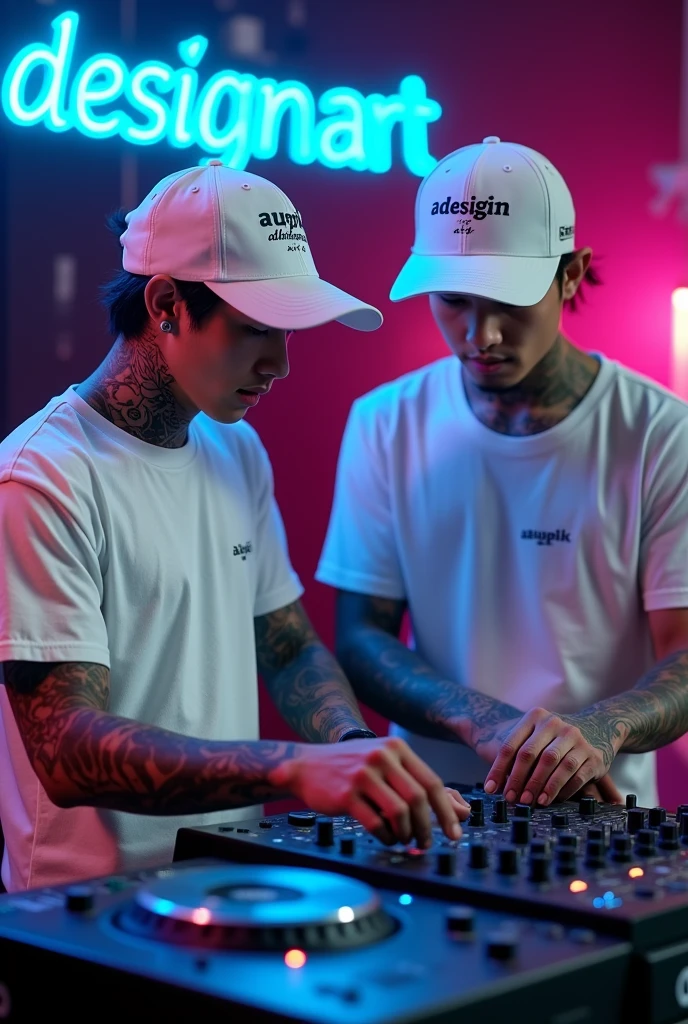 2 handsome Thai man with a friendly smiling face facing the camera wearing a white shirt with his whole body tattooed, working in audio sound system with background sound system full audio spotlight colorful lights there is writing that lights up blue"Adesign Art"
