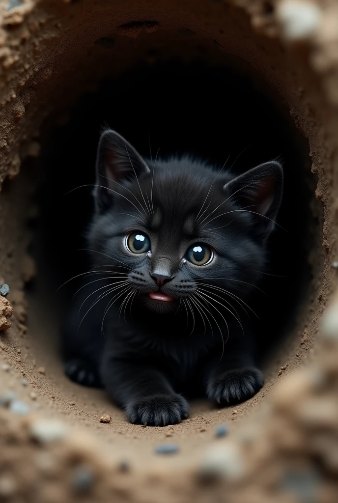 verty small black kitten stuck in hole