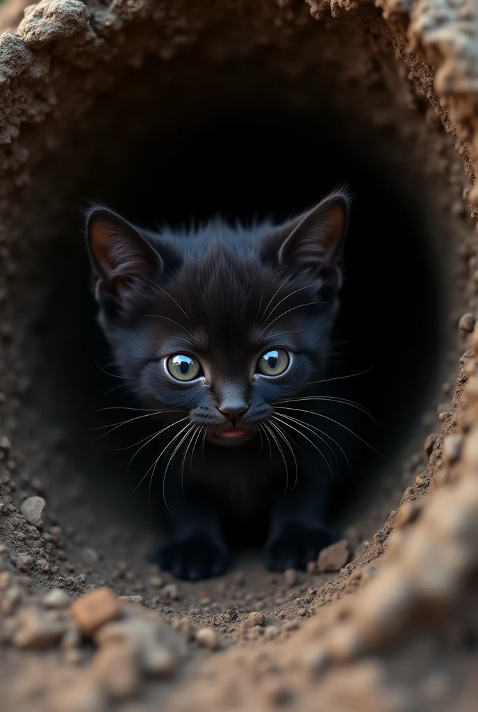 verty small black kitten stuck in hole