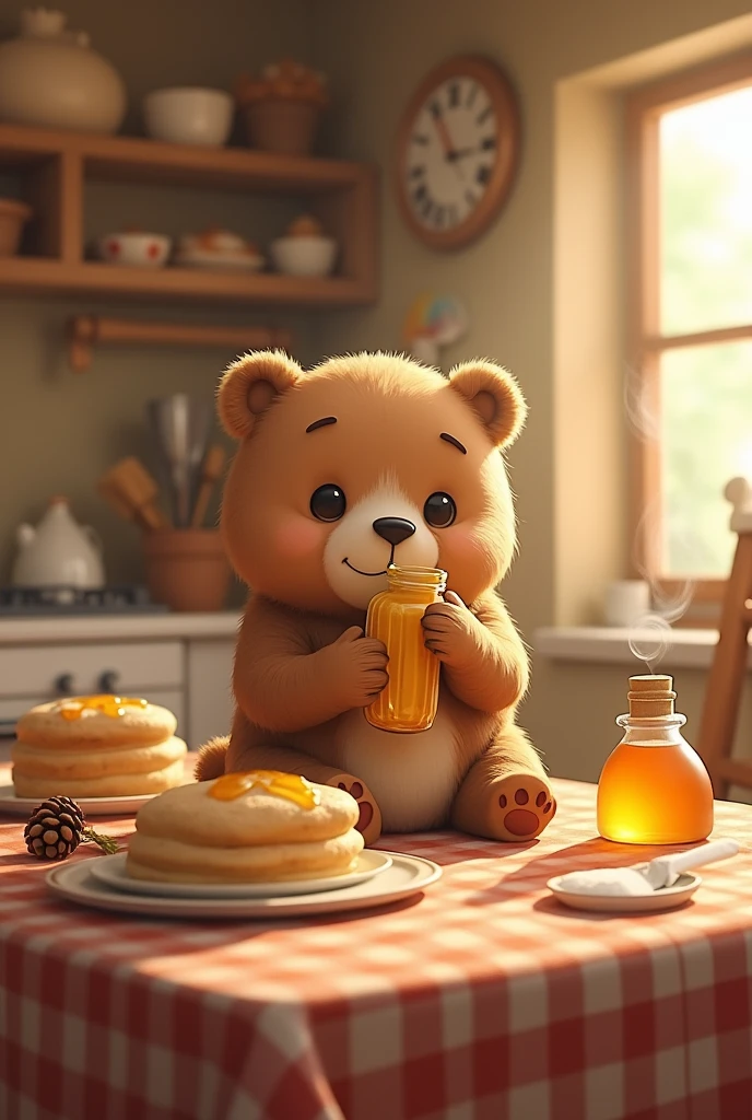 Little bear on the dining table,while holding a bottle of honey and the mother bear makes cakes from honey and flour